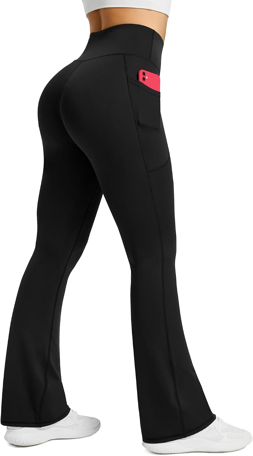 Womens Flared Yoga Pants with Pockets. High Waisted Flare Leggings Bell Bottom Bootcut Yoga Dress Pants Dark Grey