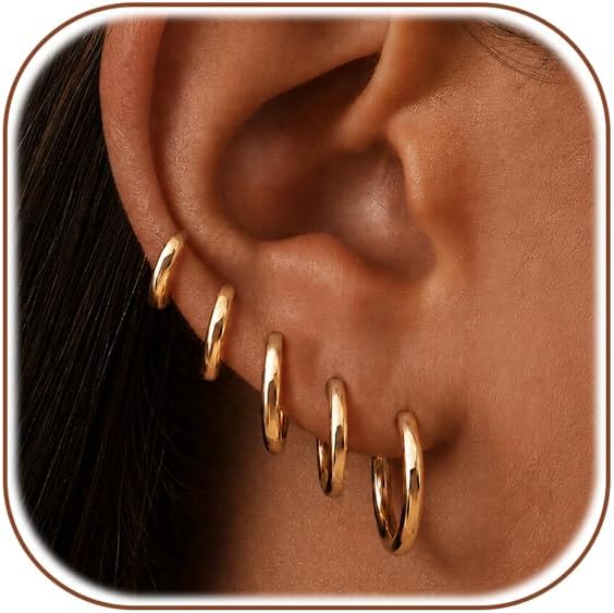 Gold Hoop Earrings for Women 6 Pairs. 14K Gold-plated Stainless Steel Gift | Huggie. Lightweight. Stack. Multiple Piercing. Hypoallergenic