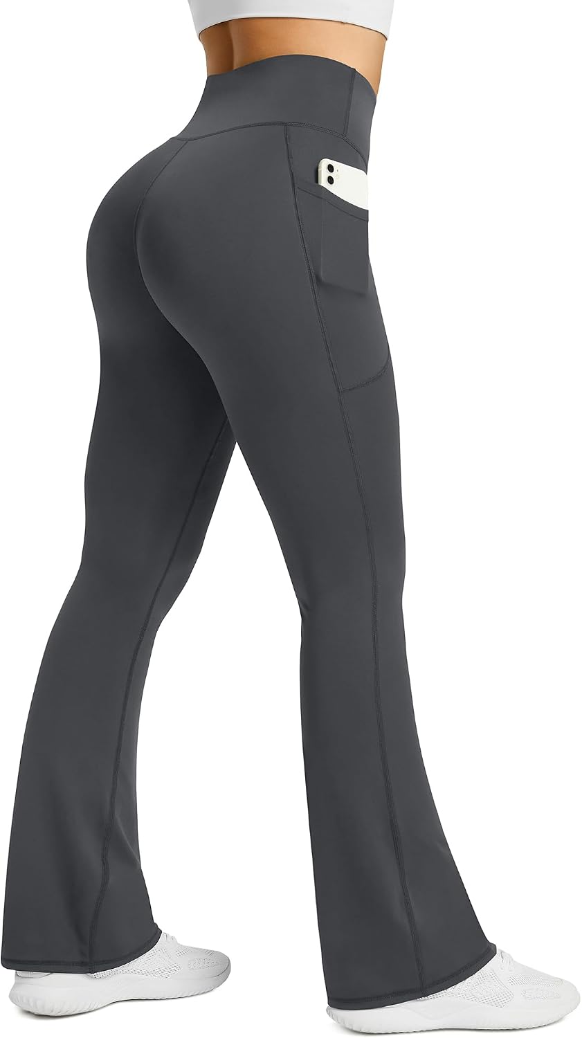 Womens Flared Yoga Pants with Pockets. High Waisted Flare Leggings Bell Bottom Bootcut Yoga Dress Pants Dark Grey