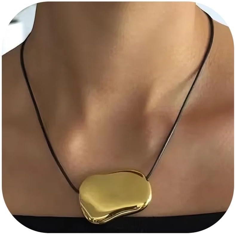 Gold Circle Pendant Chunky Leather Cord Necklace Large Round Pendant Statement Necklace Long Boho Jewelry Western Outfit for Women