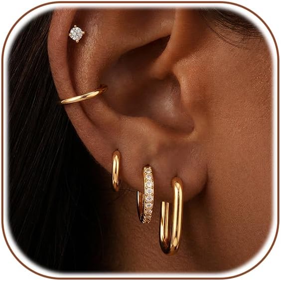 Gold Hoop Earrings for Women 6 Pairs. 14K Gold-plated Stainless Steel Gift | Huggie. Lightweight. Stack. Multiple Piercing. Hypoallergenic
