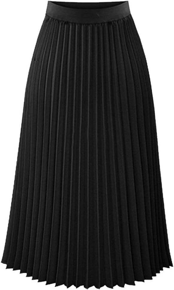 Womens Pleated Midi Skirt.High Waist Swing Summer Pleated Skirt Casual Chiffon Elastic A-line Long Skirts