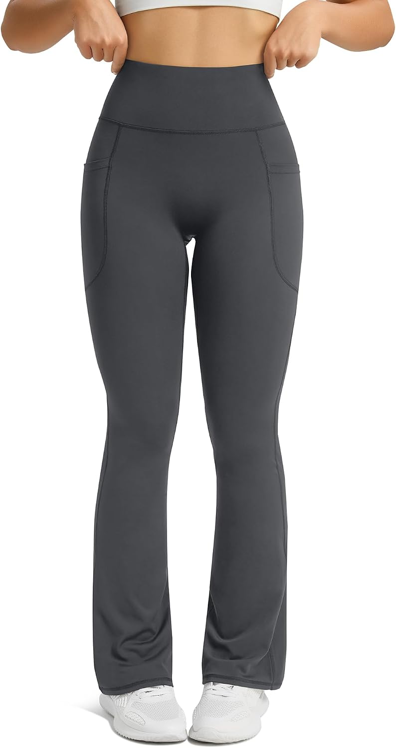 Womens Flared Yoga Pants with Pockets. High Waisted Flare Leggings Bell Bottom Bootcut Yoga Dress Pants Dark Grey