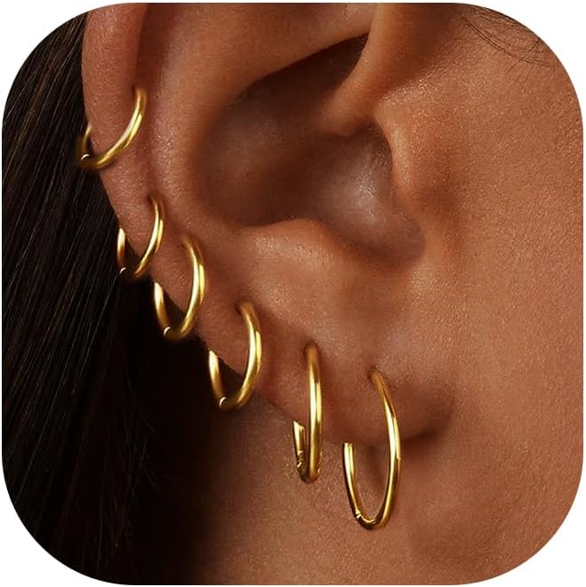 Gold Hoop Earrings for Women 6 Pairs. 14K Gold-plated Stainless Steel Gift | Huggie. Lightweight. Stack. Multiple Piercing. Hypoallergenic