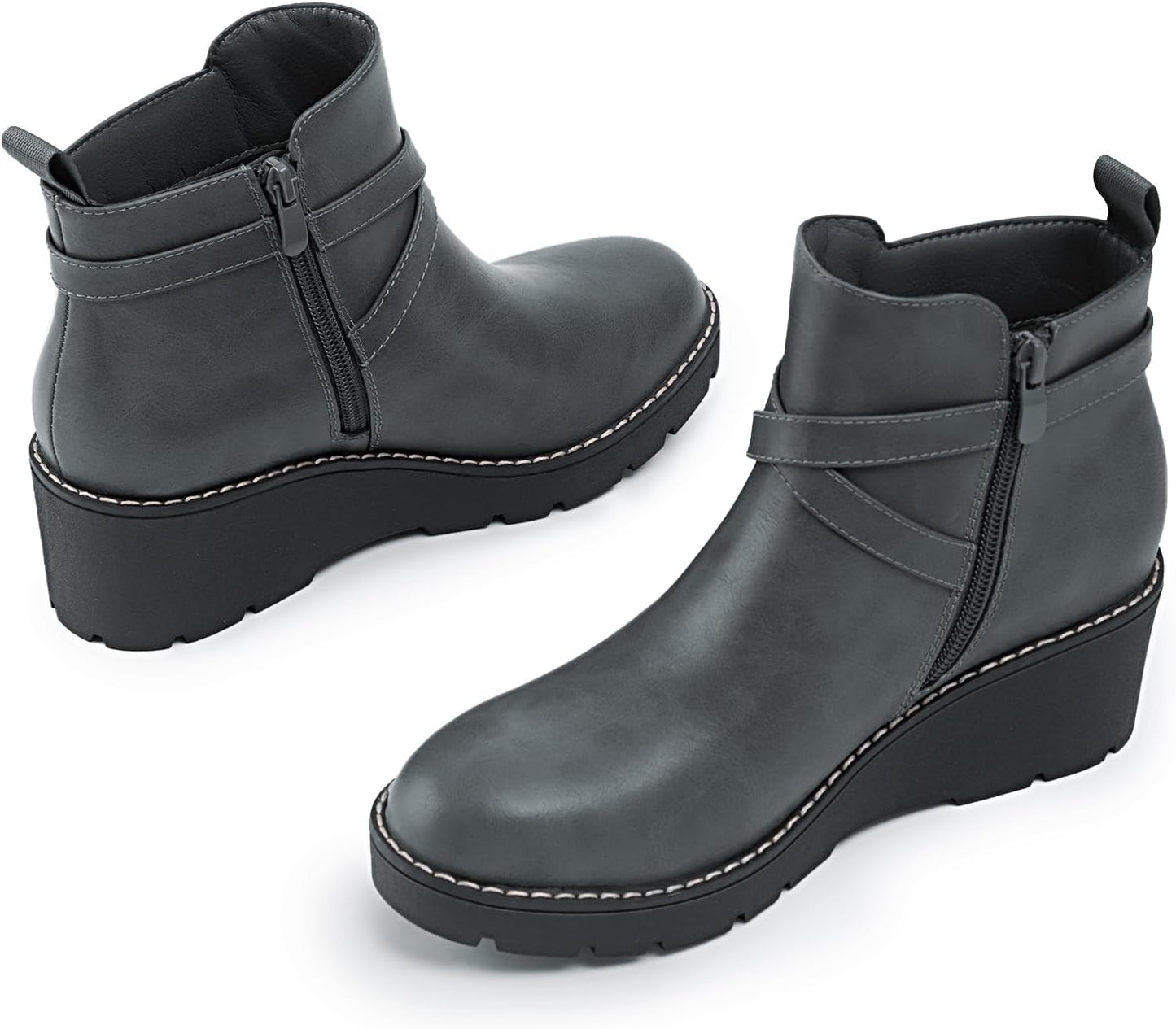 Wedge Boots for Women Fashion Platform Lug Sole Leather Buckle Zipper Short Ankle Booties Grey Size 5.5 | Ankle & Bootie