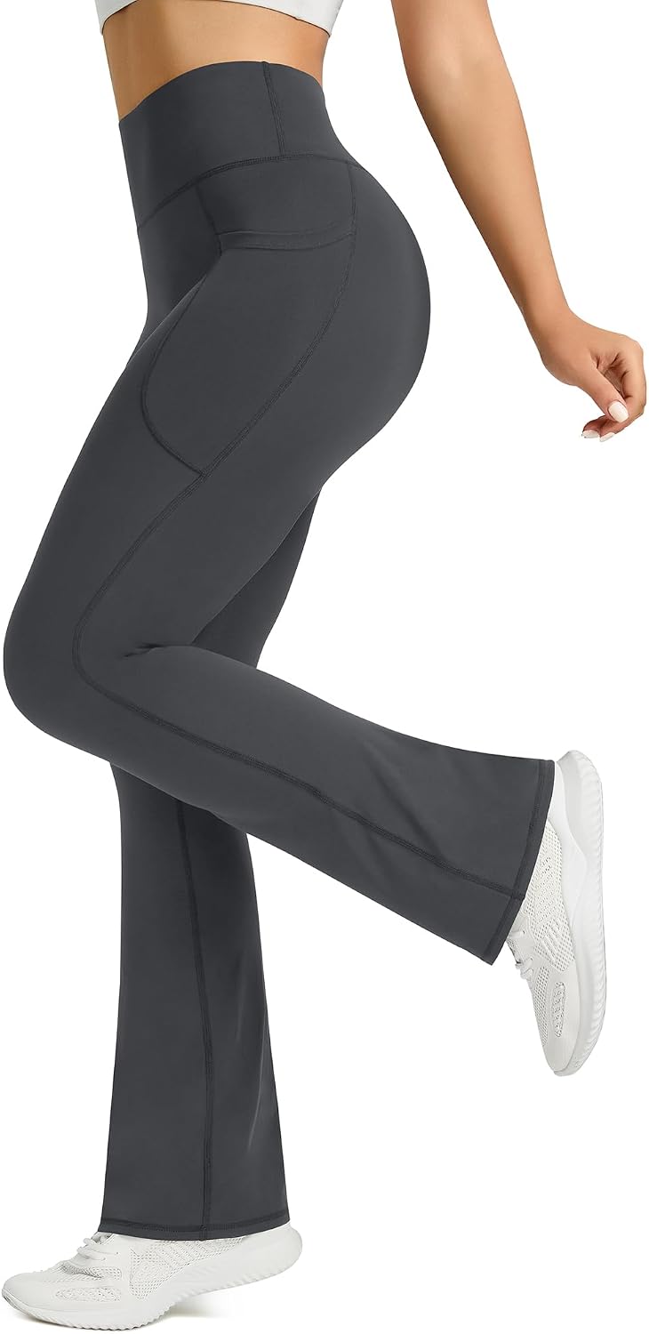 Womens Flared Yoga Pants with Pockets. High Waisted Flare Leggings Bell Bottom Bootcut Yoga Dress Pants Dark Grey