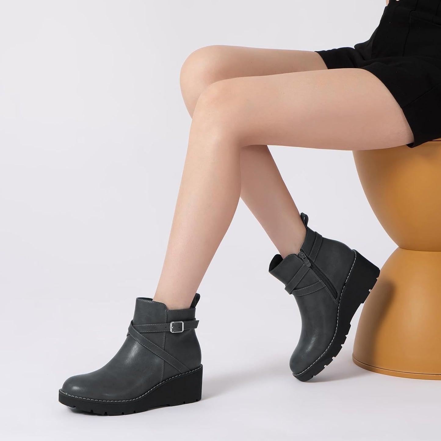 Wedge Boots for Women Fashion Platform Lug Sole Leather Buckle Zipper Short Ankle Booties Grey Size 5.5 | Ankle & Bootie