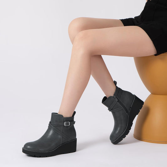Wedge Boots for Women Fashion Platform Lug Sole Leather Buckle Zipper Short Ankle Booties Grey Size 5.5 | Ankle & Bootie