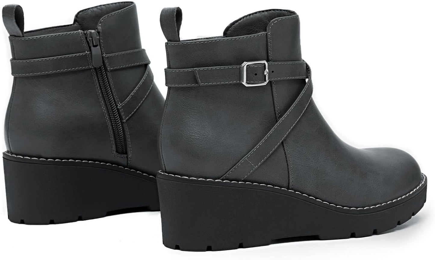Wedge Boots for Women Fashion Platform Lug Sole Leather Buckle Zipper Short Ankle Booties Grey Size 5.5 | Ankle & Bootie