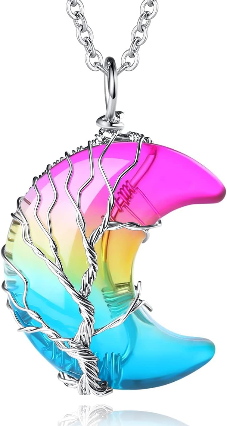 Women Crystal Moon Necklace for Women Purple Jewelry for Women Trendy Tree of Life Wire Wrapped Pendant Spiritual Witchy Gifts