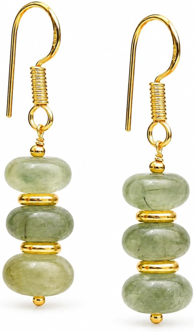 Handmade light green beaded dangle earrings ¡ª natural gemstone drops in soft sage on gold-plated brass. Boho. lightweight.