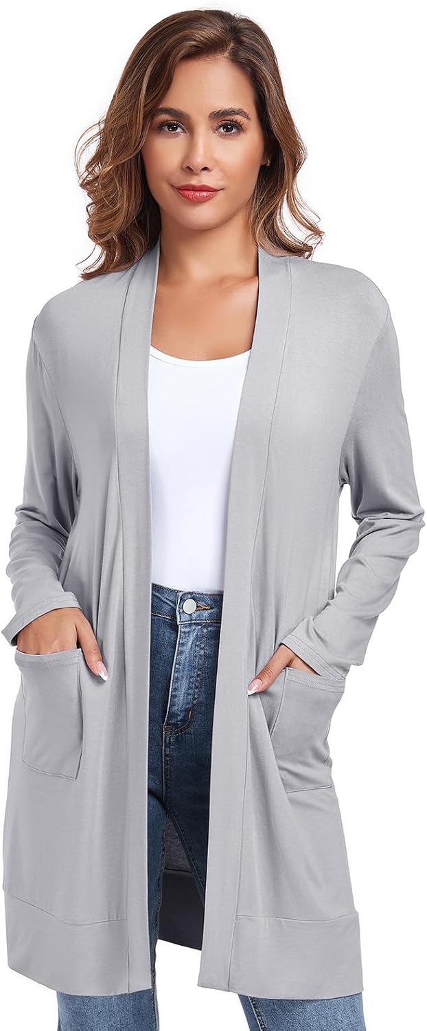 Womens Lightweight Cardigan with Pocket. Long Sleeve Open Front Casual Loose Cardigan