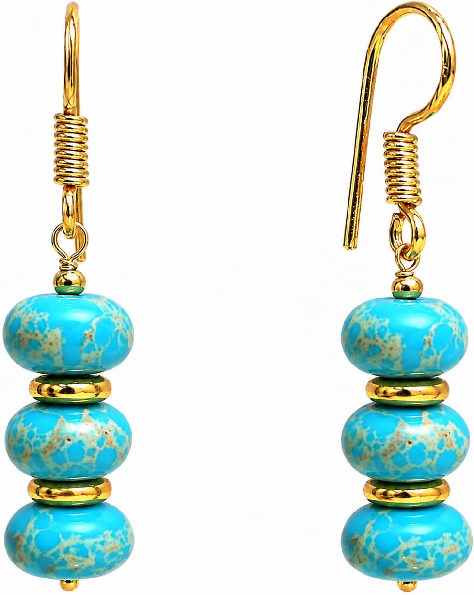 Handmade light green beaded dangle earrings ¡ª natural gemstone drops in soft sage on gold-plated brass. Boho. lightweight.