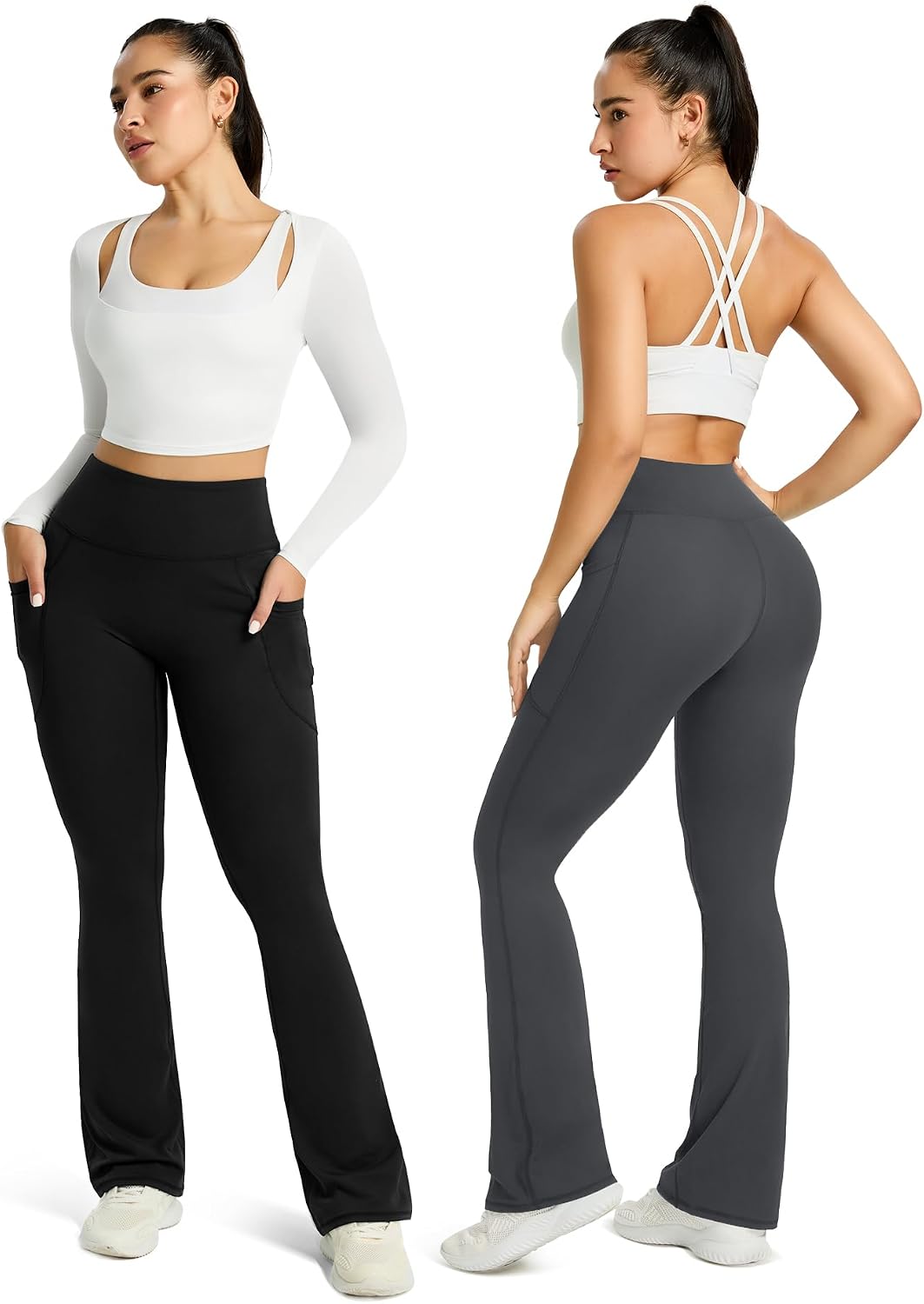 Womens Flared Yoga Pants with Pockets. High Waisted Flare Leggings Bell Bottom Bootcut Yoga Dress Pants Dark Grey