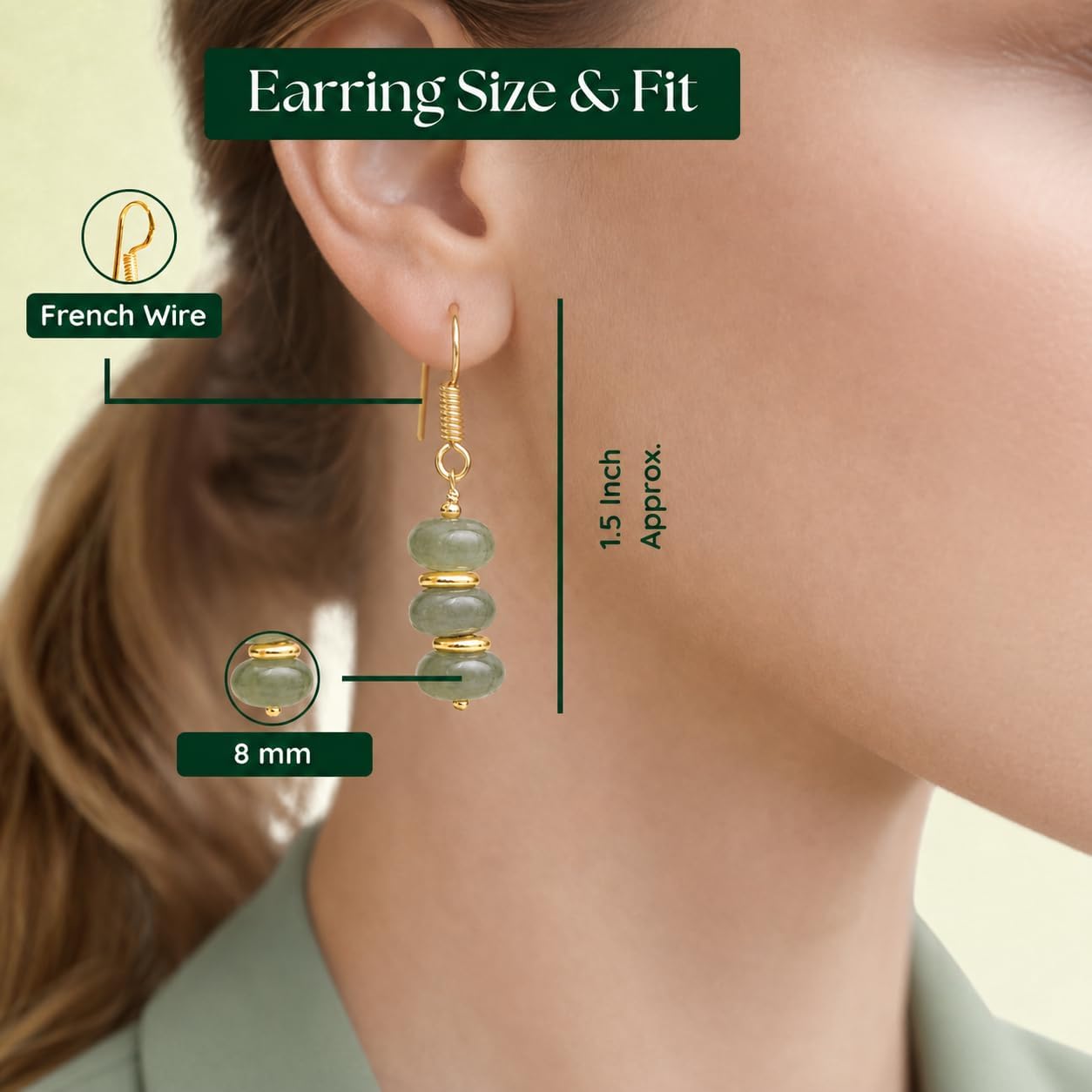 Handmade light green beaded dangle earrings ¡ª natural gemstone drops in soft sage on gold-plated brass. Boho. lightweight.
