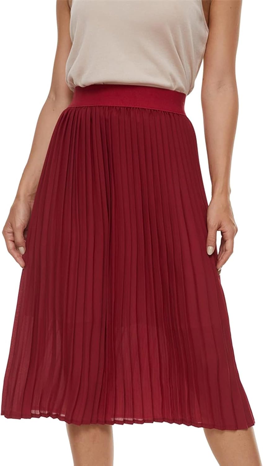 Womens Pleated Midi Skirt.High Waist Swing Summer Pleated Skirt Casual Chiffon Elastic A-line Long Skirts
