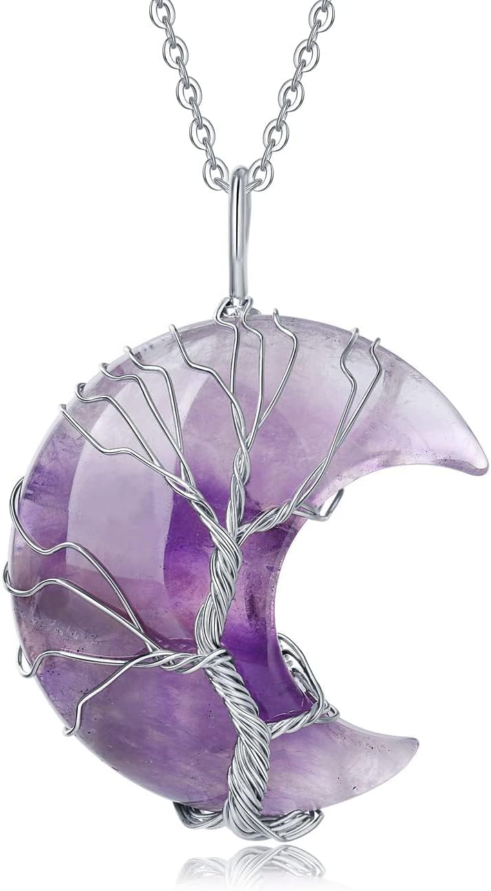 Women Crystal Moon Necklace for Women Purple Jewelry for Women Trendy Tree of Life Wire Wrapped Pendant Spiritual Witchy Gifts