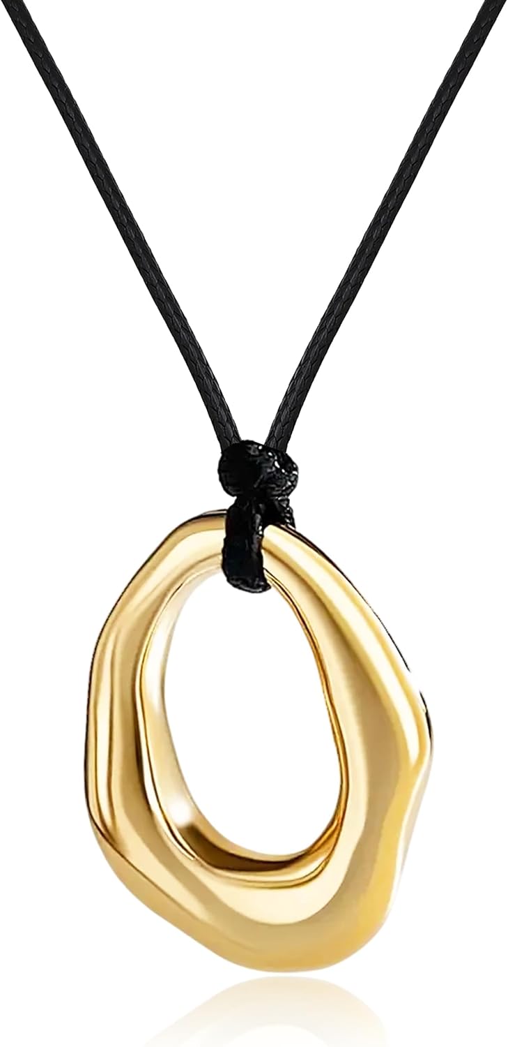 Gold Circle Pendant Chunky Leather Cord Necklace Large Round Pendant Statement Necklace Long Boho Jewelry Western Outfit for Women