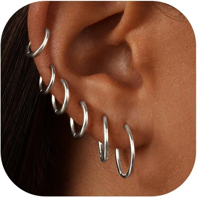 Gold Hoop Earrings for Women 6 Pairs. 14K Gold-plated Stainless Steel Gift | Huggie. Lightweight. Stack. Multiple Piercing. Hypoallergenic