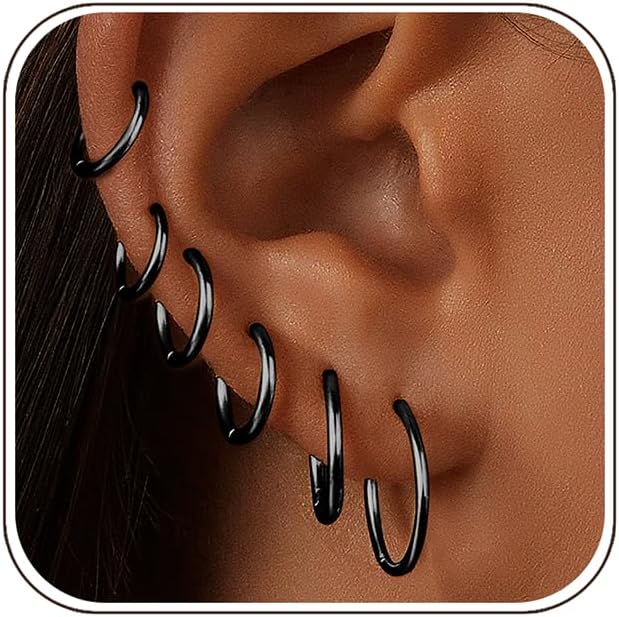 Gold Hoop Earrings for Women 6 Pairs. 14K Gold-plated Stainless Steel Gift | Huggie. Lightweight. Stack. Multiple Piercing. Hypoallergenic