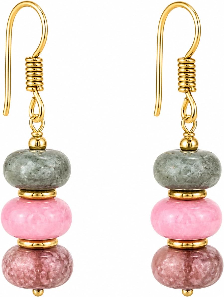 Handmade light green beaded dangle earrings ¡ª natural gemstone drops in soft sage on gold-plated brass. Boho. lightweight.