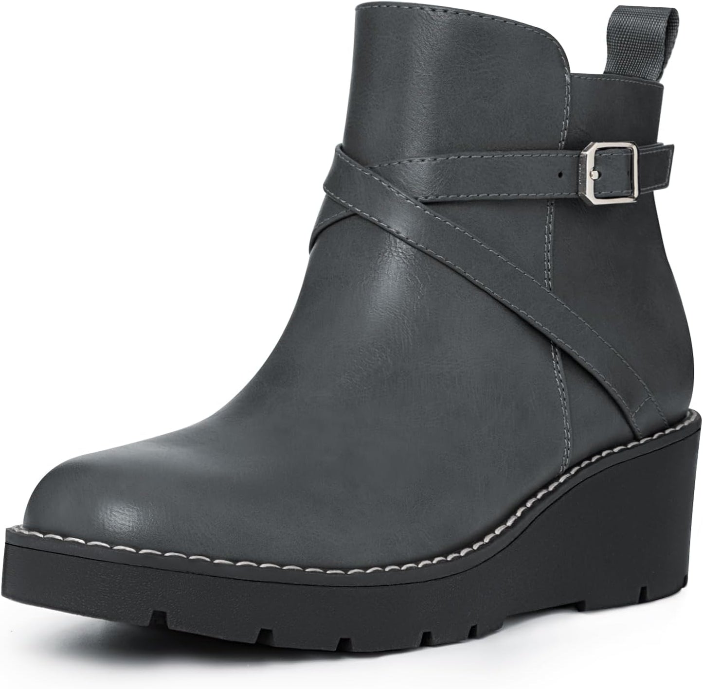 Wedge Boots for Women Fashion Platform Lug Sole Leather Buckle Zipper Short Ankle Booties Grey Size 5.5 | Ankle & Bootie