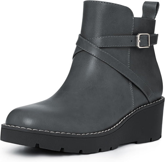 Wedge Boots for Women Fashion Platform Lug Sole Leather Buckle Zipper Short Ankle Booties Grey Size 5.5 | Ankle & Bootie