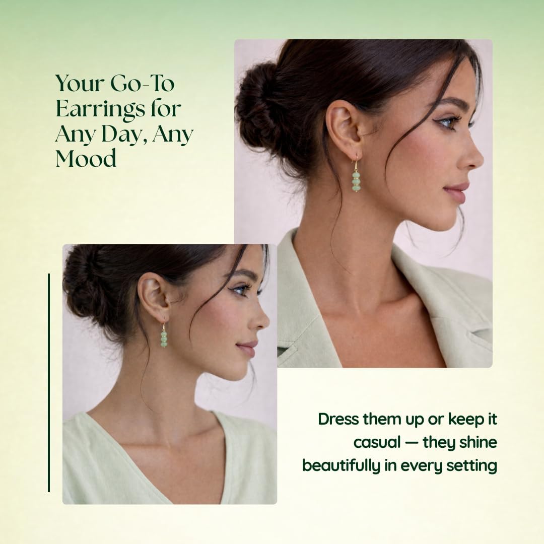 Handmade light green beaded dangle earrings ¡ª natural gemstone drops in soft sage on gold-plated brass. Boho. lightweight.