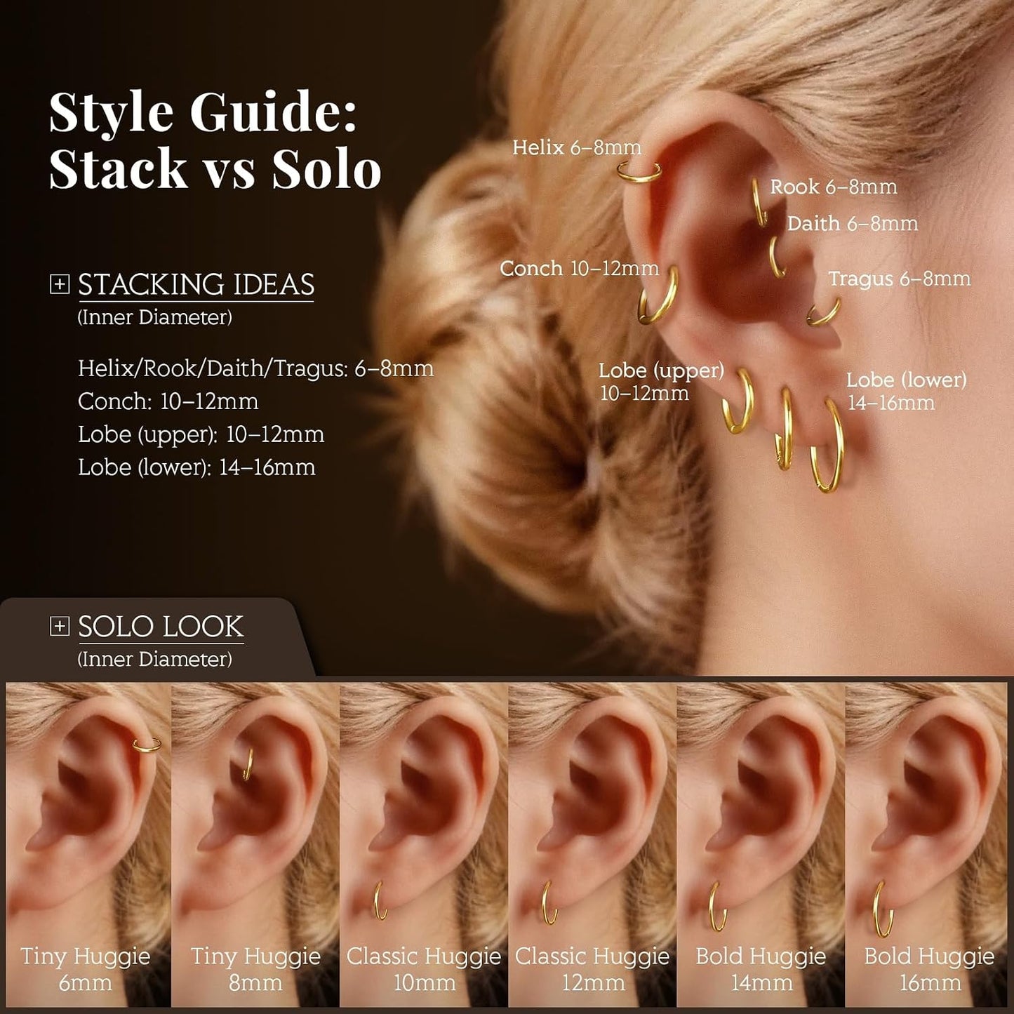 Gold Hoop Earrings for Women 6 Pairs. 14K Gold-plated Stainless Steel Gift | Huggie. Lightweight. Stack. Multiple Piercing. Hypoallergenic