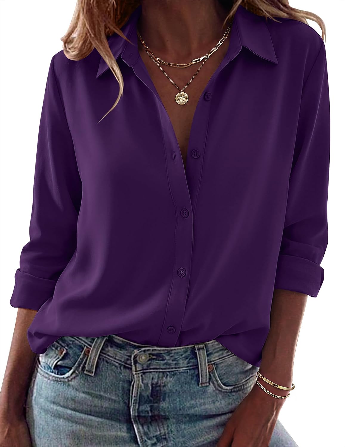 Women Button Down Shirt Dressy Casual Blouses | V Neck Collared Tops. Fall Fashion Clothing Purple