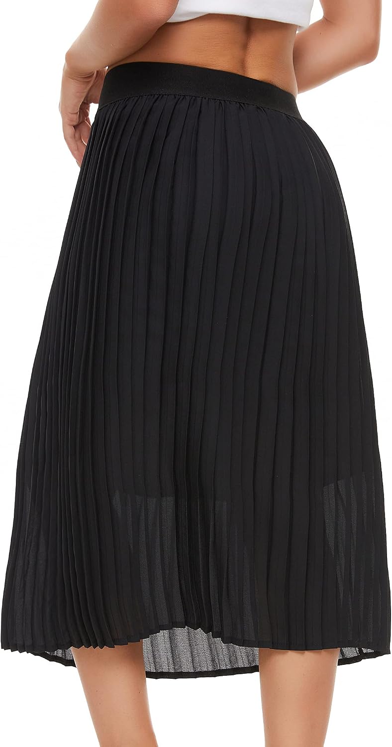 Womens Pleated Midi Skirt.High Waist Swing Summer Pleated Skirt Casual Chiffon Elastic A-line Long Skirts