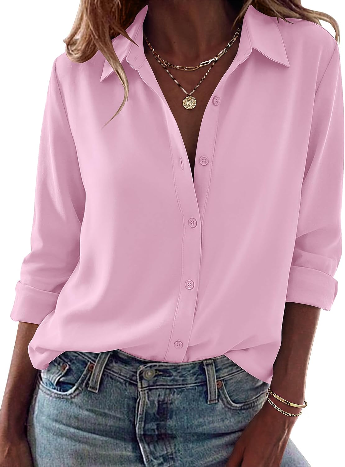 Women Button Down Shirt Dressy Casual Blouses | V Neck Collared Tops. Fall Fashion Clothing Purple