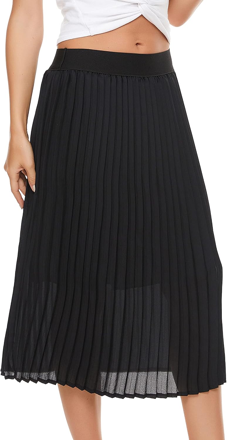 Womens Pleated Midi Skirt.High Waist Swing Summer Pleated Skirt Casual Chiffon Elastic A-line Long Skirts