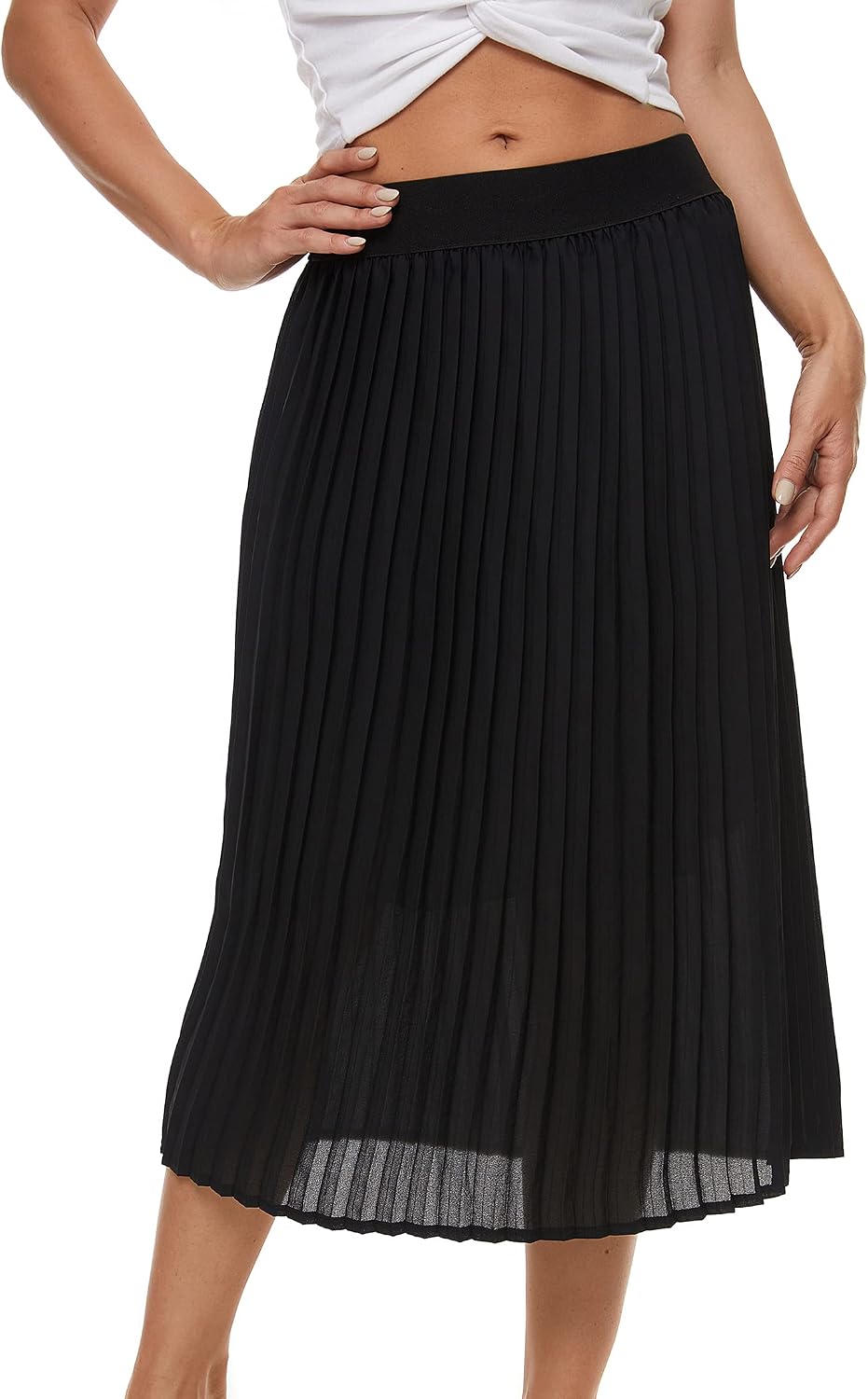 Womens Pleated Midi Skirt.High Waist Swing Summer Pleated Skirt Casual Chiffon Elastic A-line Long Skirts