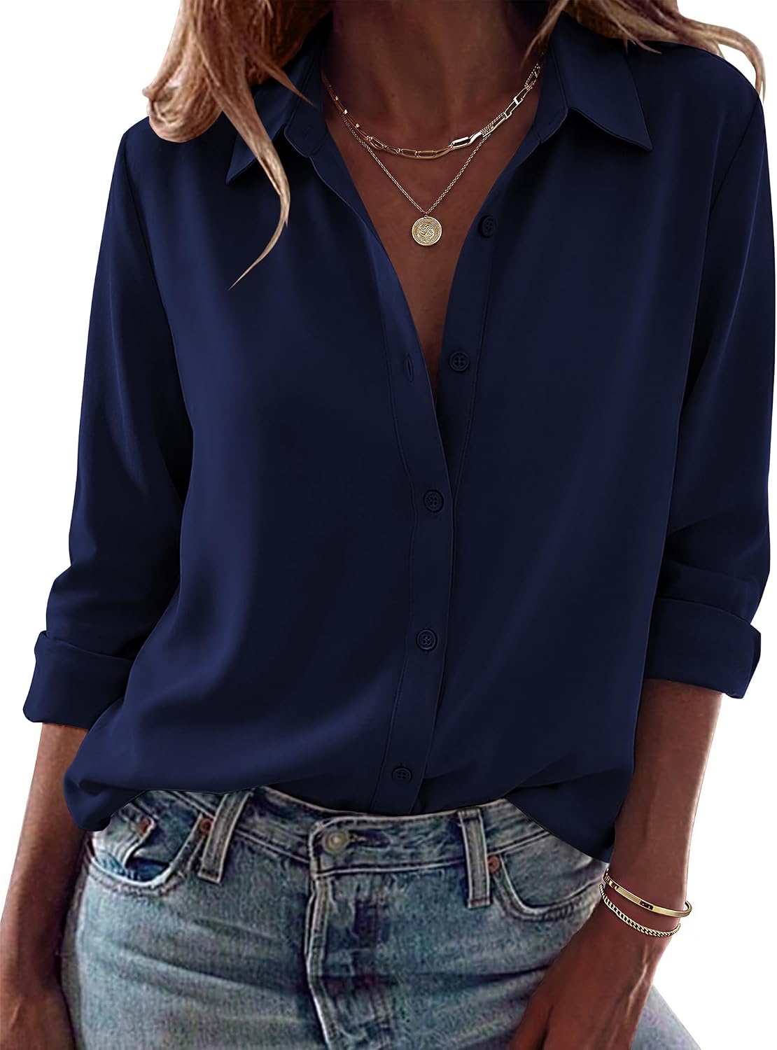 Women Button Down Shirt Dressy Casual Blouses | V Neck Collared Tops. Fall Fashion Clothing Purple