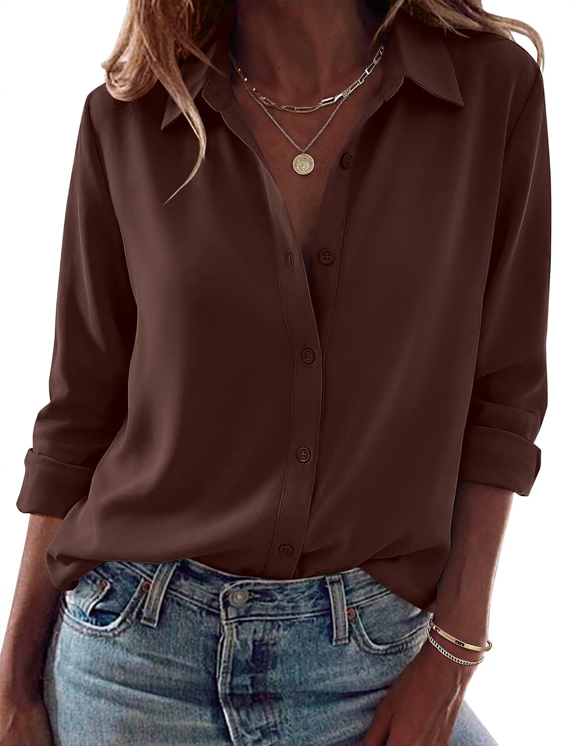 Women Button Down Shirt Dressy Casual Blouses | V Neck Collared Tops. Fall Fashion Clothing Purple