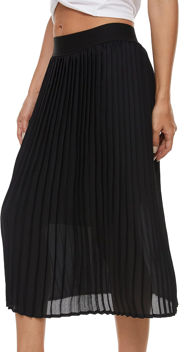 Womens Pleated Midi Skirt.High Waist Swing Summer Pleated Skirt Casual Chiffon Elastic A-line Long Skirts