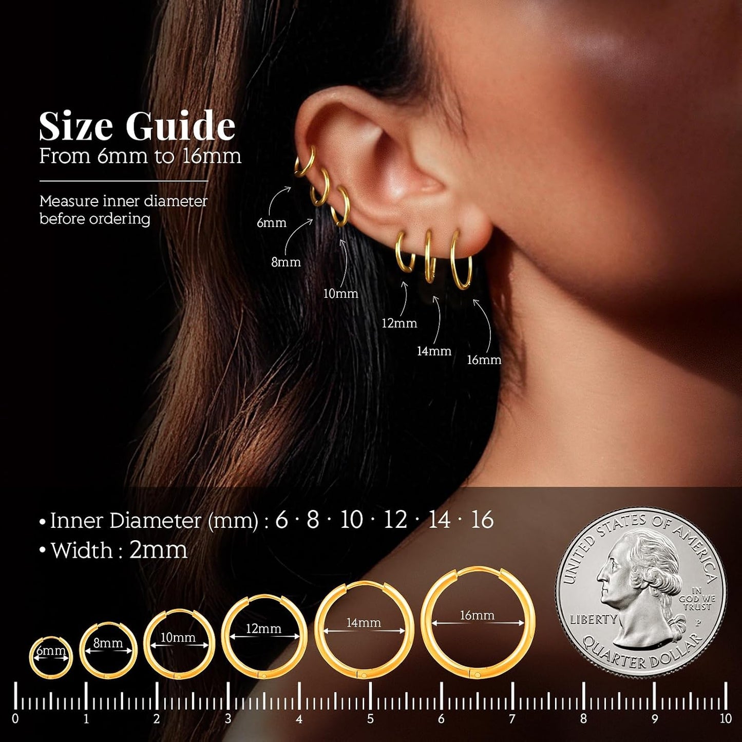 Gold Hoop Earrings for Women 6 Pairs. 14K Gold-plated Stainless Steel Gift | Huggie. Lightweight. Stack. Multiple Piercing. Hypoallergenic