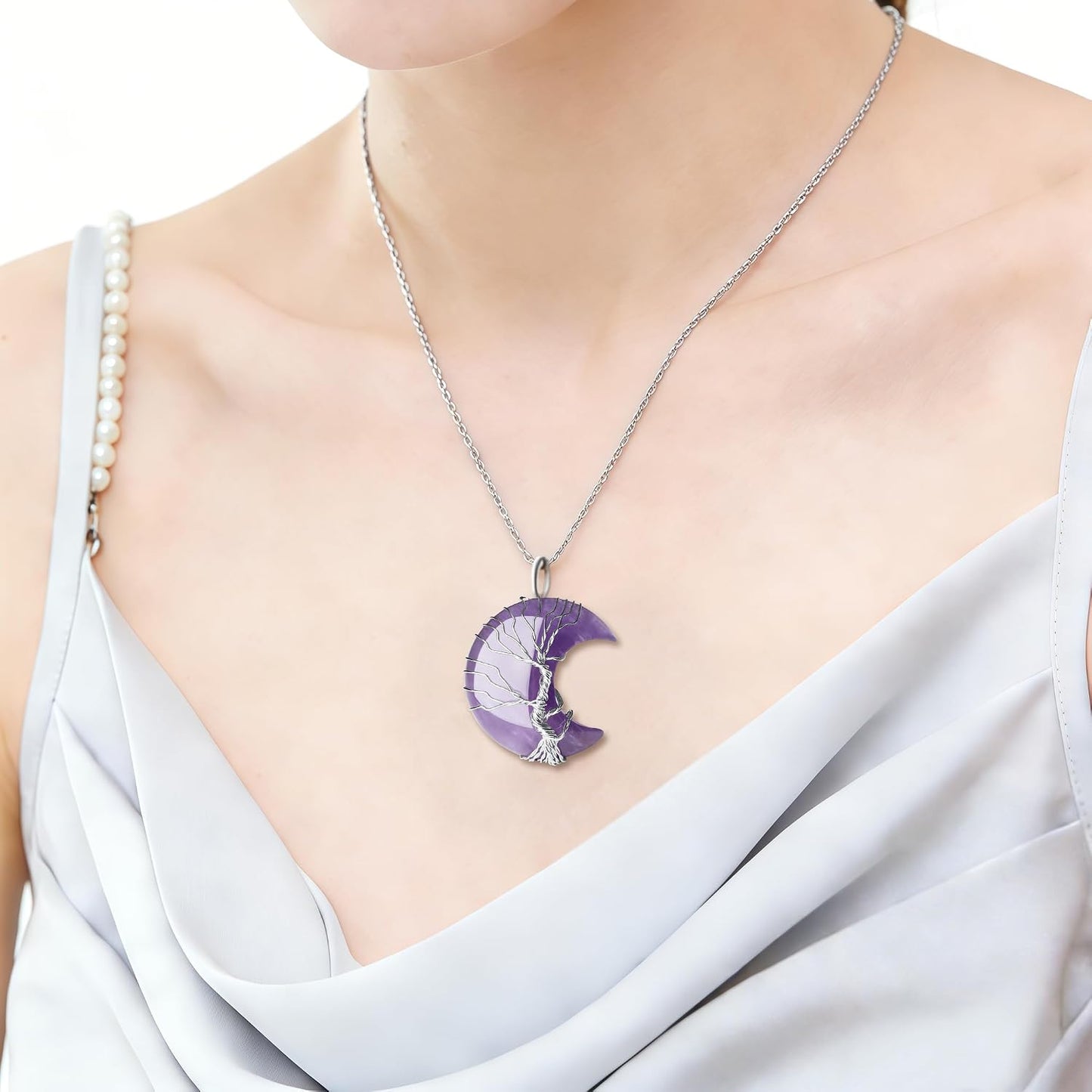 Women Crystal Moon Necklace for Women Purple Jewelry for Women Trendy Tree of Life Wire Wrapped Pendant Spiritual Witchy Gifts
