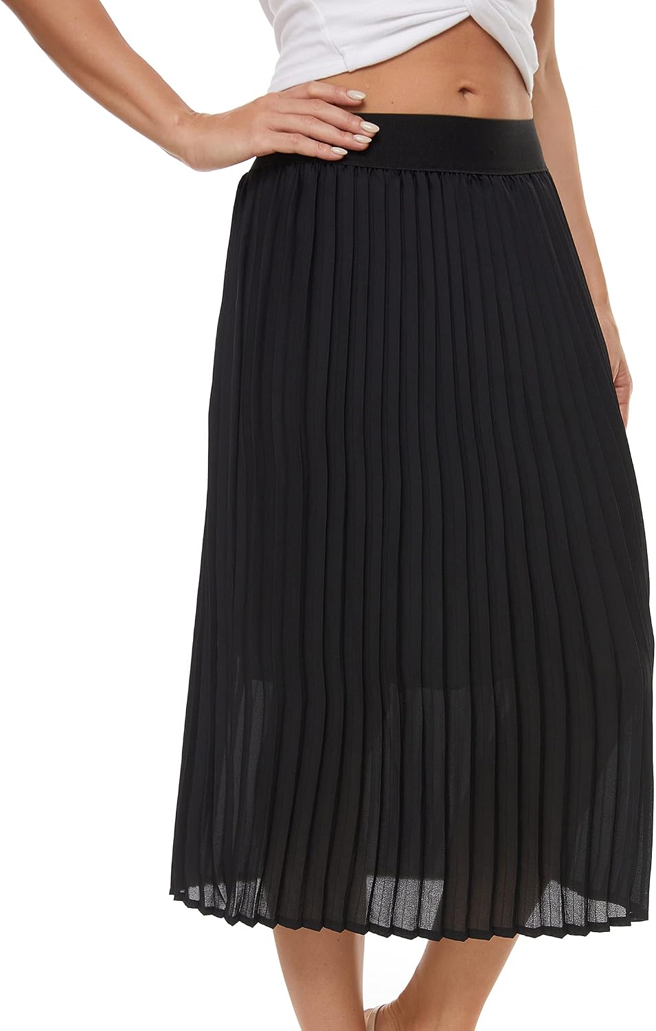 Womens Pleated Midi Skirt.High Waist Swing Summer Pleated Skirt Casual Chiffon Elastic A-line Long Skirts