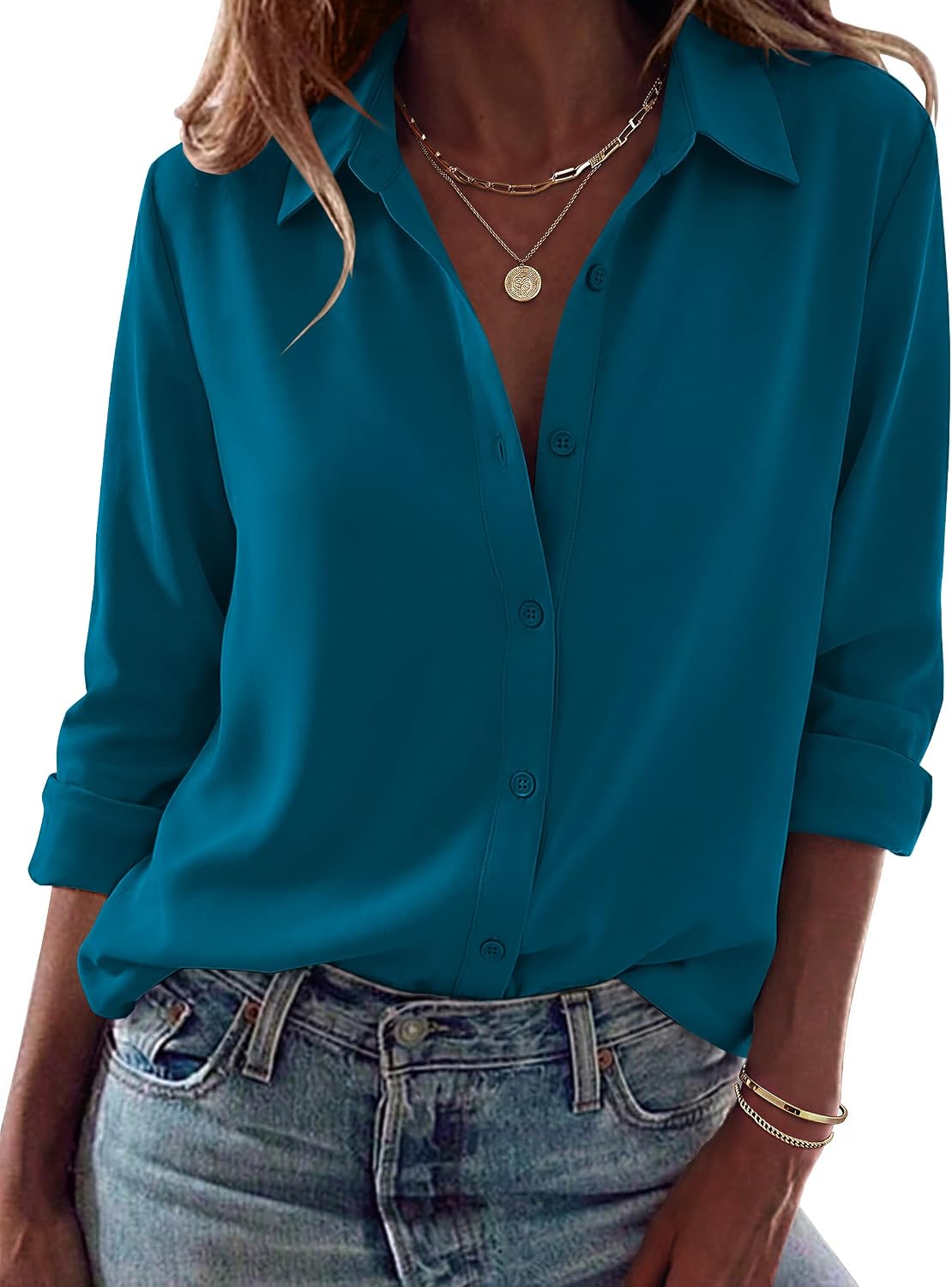 Women Button Down Shirt Dressy Casual Blouses | V Neck Collared Tops. Fall Fashion Clothing Purple
