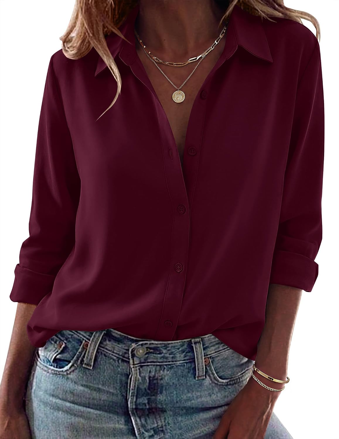 Women Button Down Shirt Dressy Casual Blouses | V Neck Collared Tops. Fall Fashion Clothing Purple