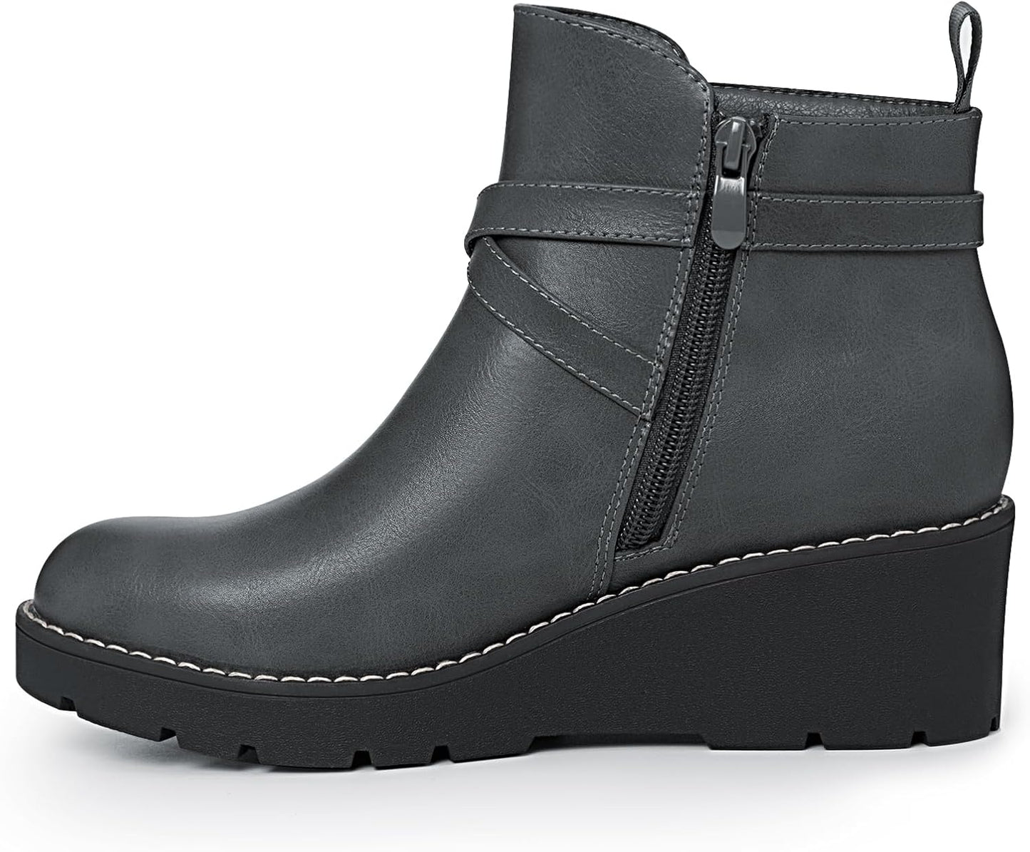 Wedge Boots for Women Fashion Platform Lug Sole Leather Buckle Zipper Short Ankle Booties Grey Size 5.5 | Ankle & Bootie