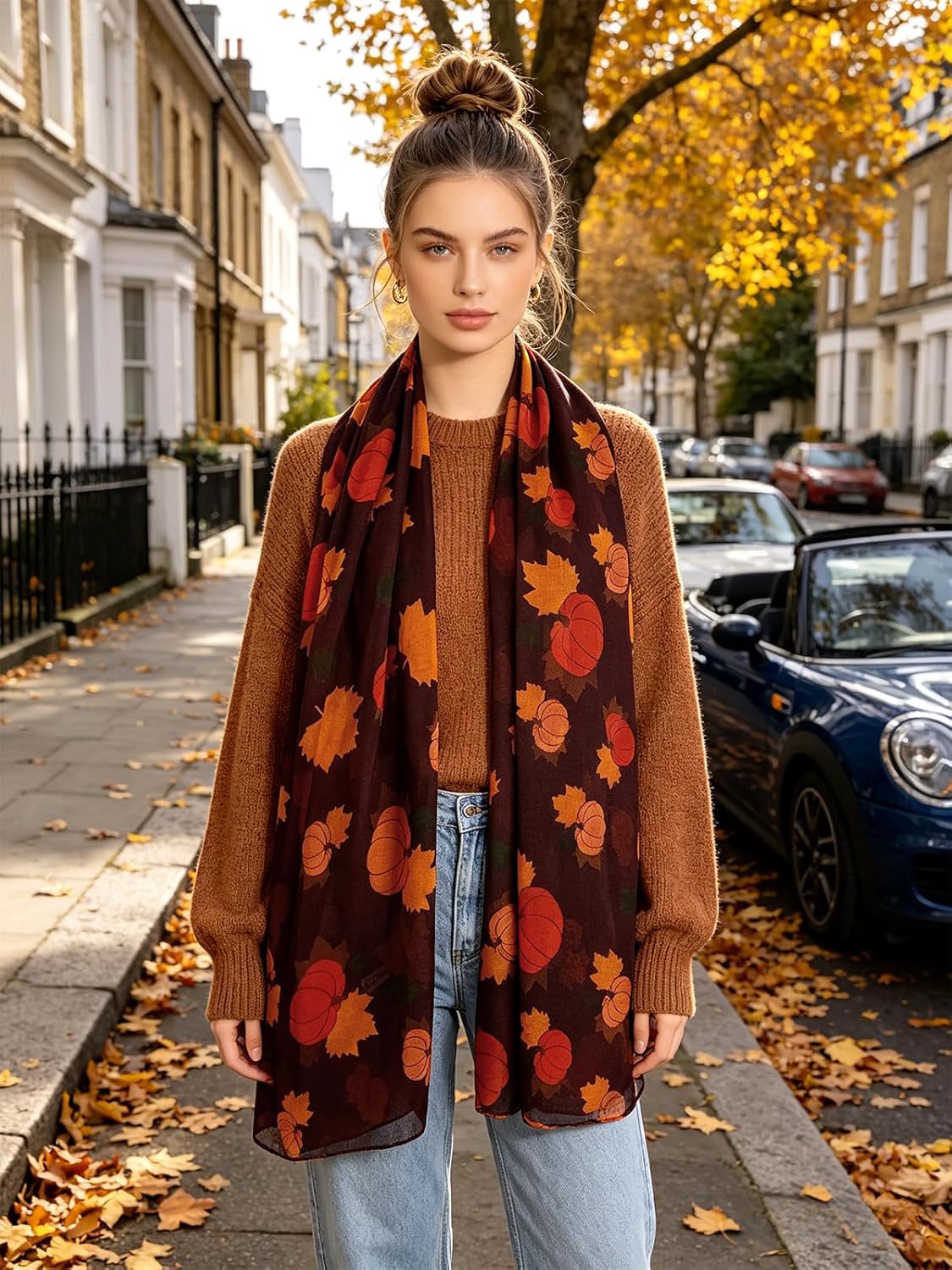Women Yellow Pumpkin Scarves Maple Leaf Shawl Autumn | Lightweight Cloth for Home Decorations Rustic Accessories
