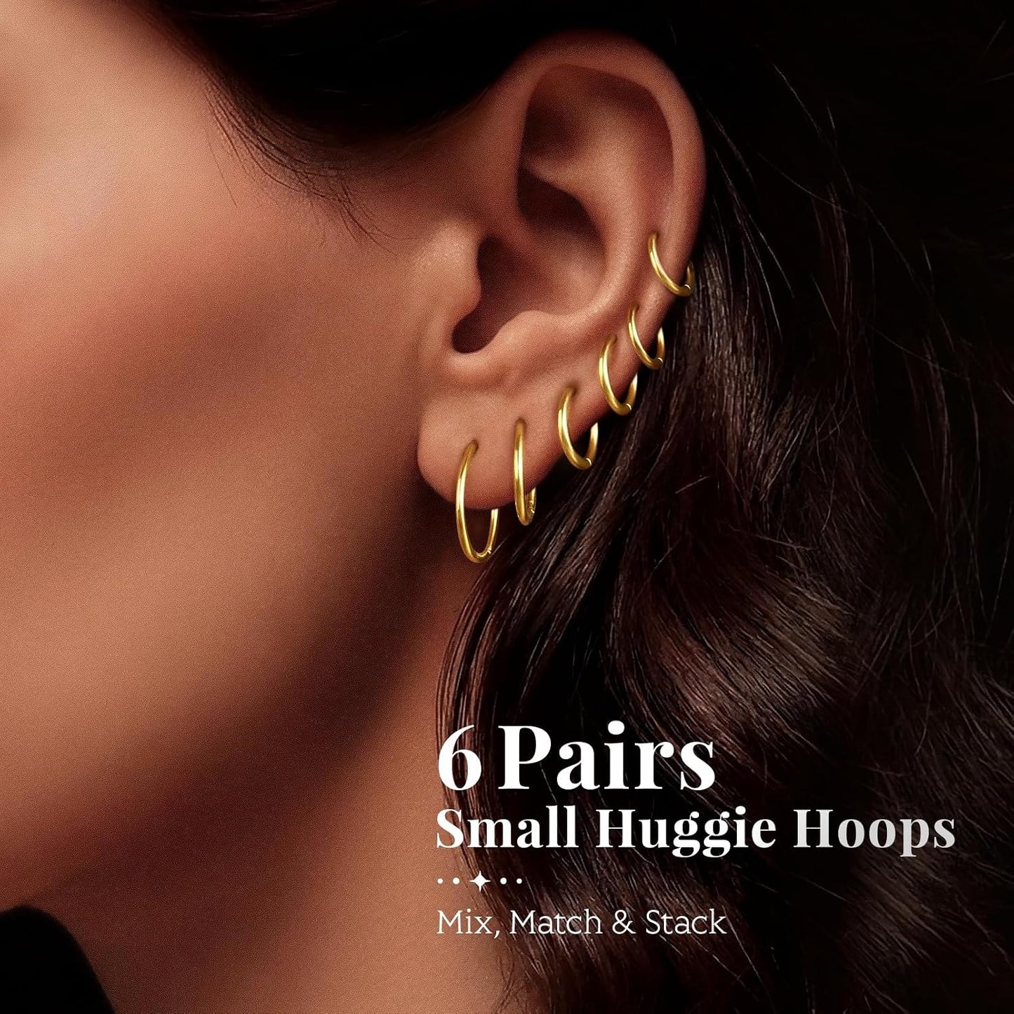 Gold Hoop Earrings for Women 6 Pairs. 14K Gold-plated Stainless Steel Gift | Huggie. Lightweight. Stack. Multiple Piercing. Hypoallergenic