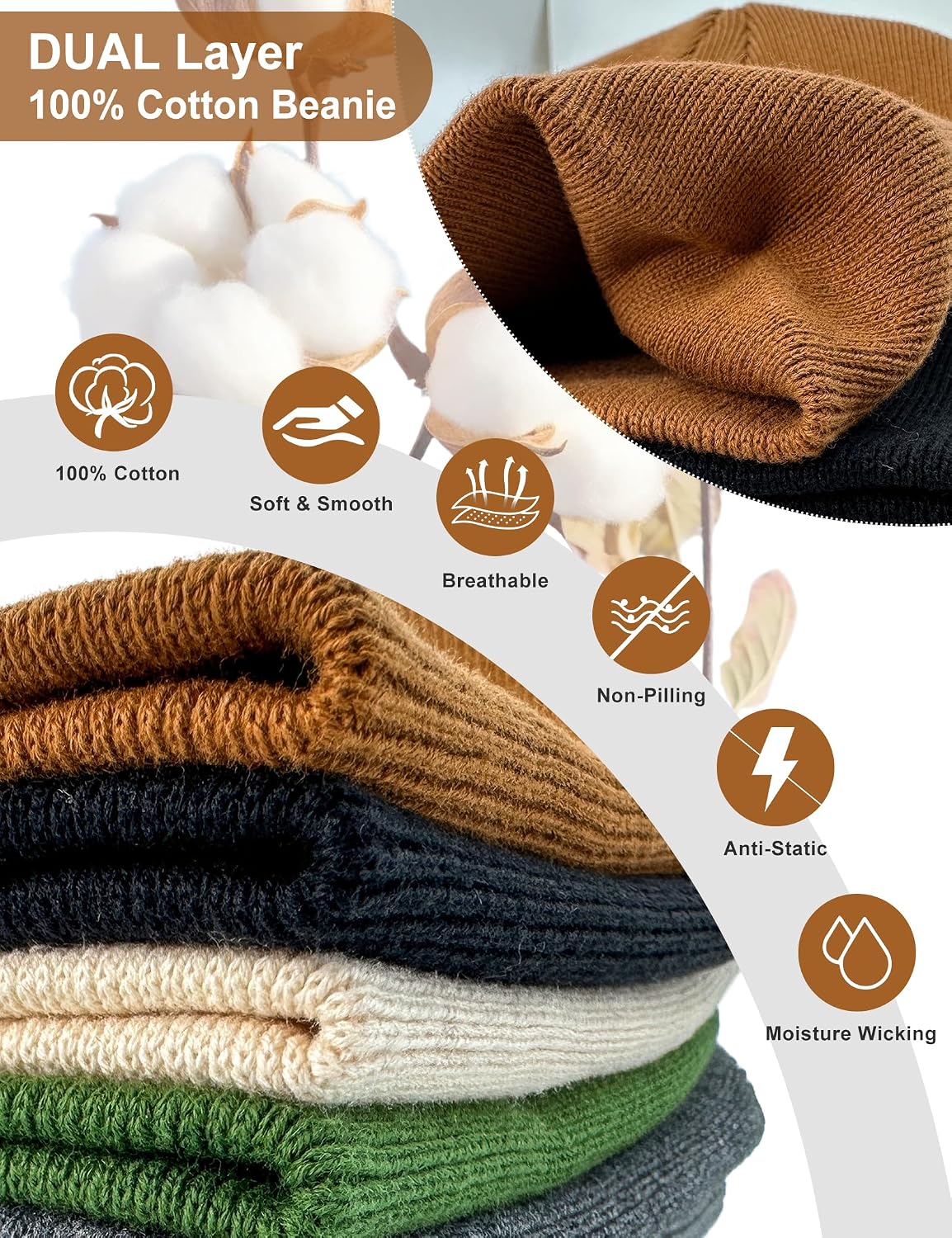 Soft Cuffless Knit Cap. Black | Double Layer Breathable Fisherman Skull Cap. Spring Fall Daily Casual Outdoor Wear.