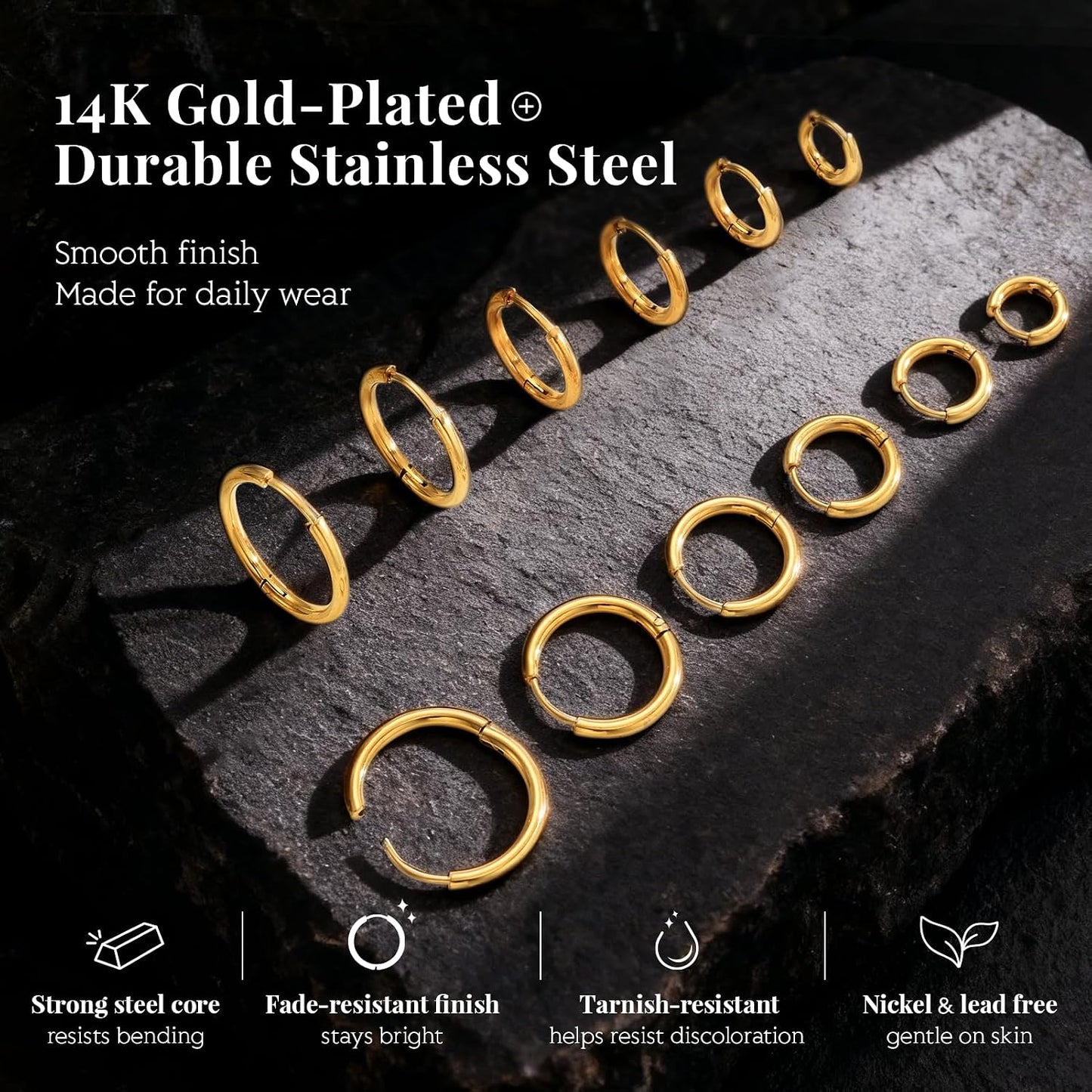 Gold Hoop Earrings for Women 6 Pairs. 14K Gold-plated Stainless Steel Gift | Huggie. Lightweight. Stack. Multiple Piercing. Hypoallergenic