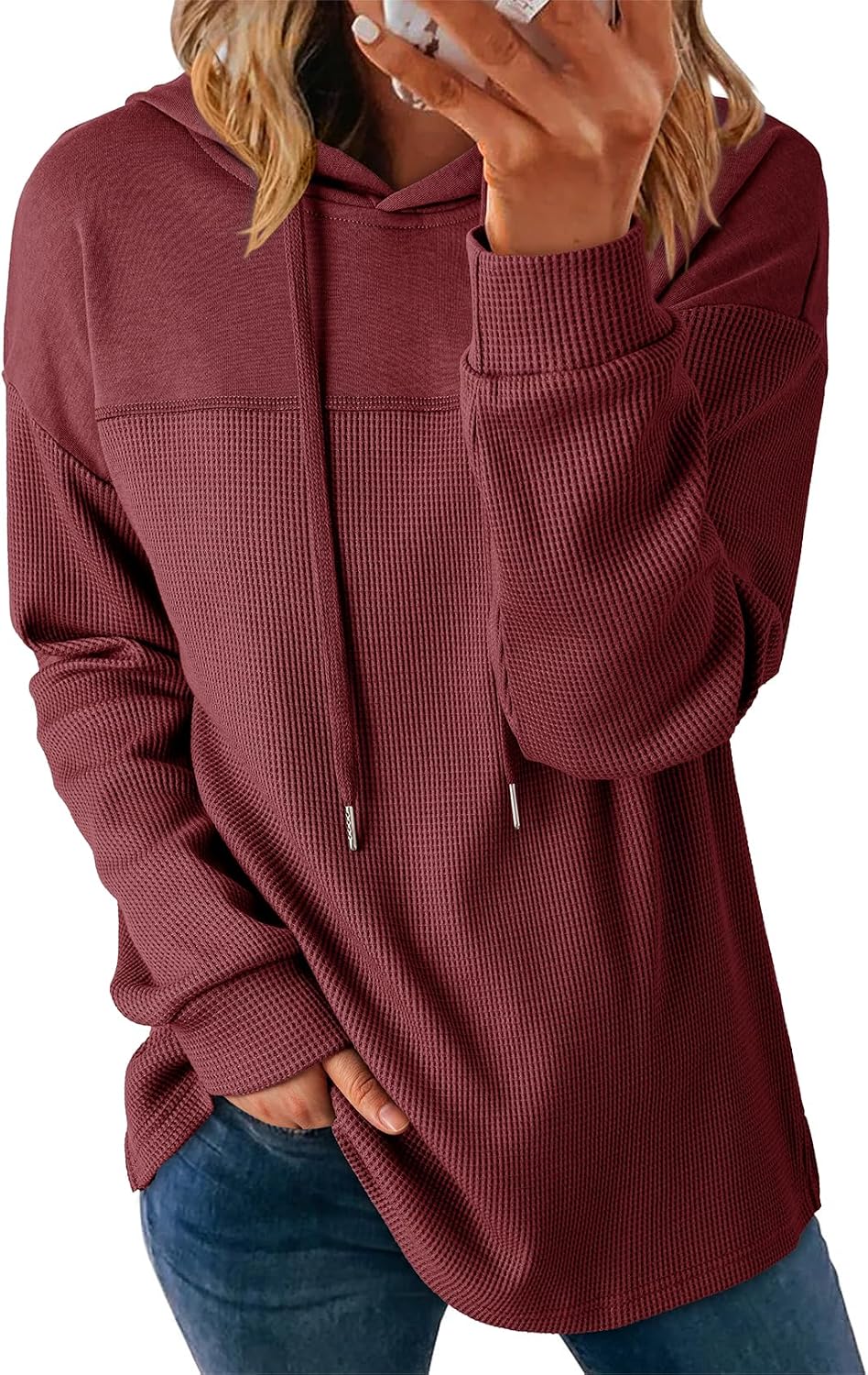 Lightweight Waffle Knit. Trendy Pullover Hooded Tops. Daily Casual. Fashion Clothing. Winter Clothes