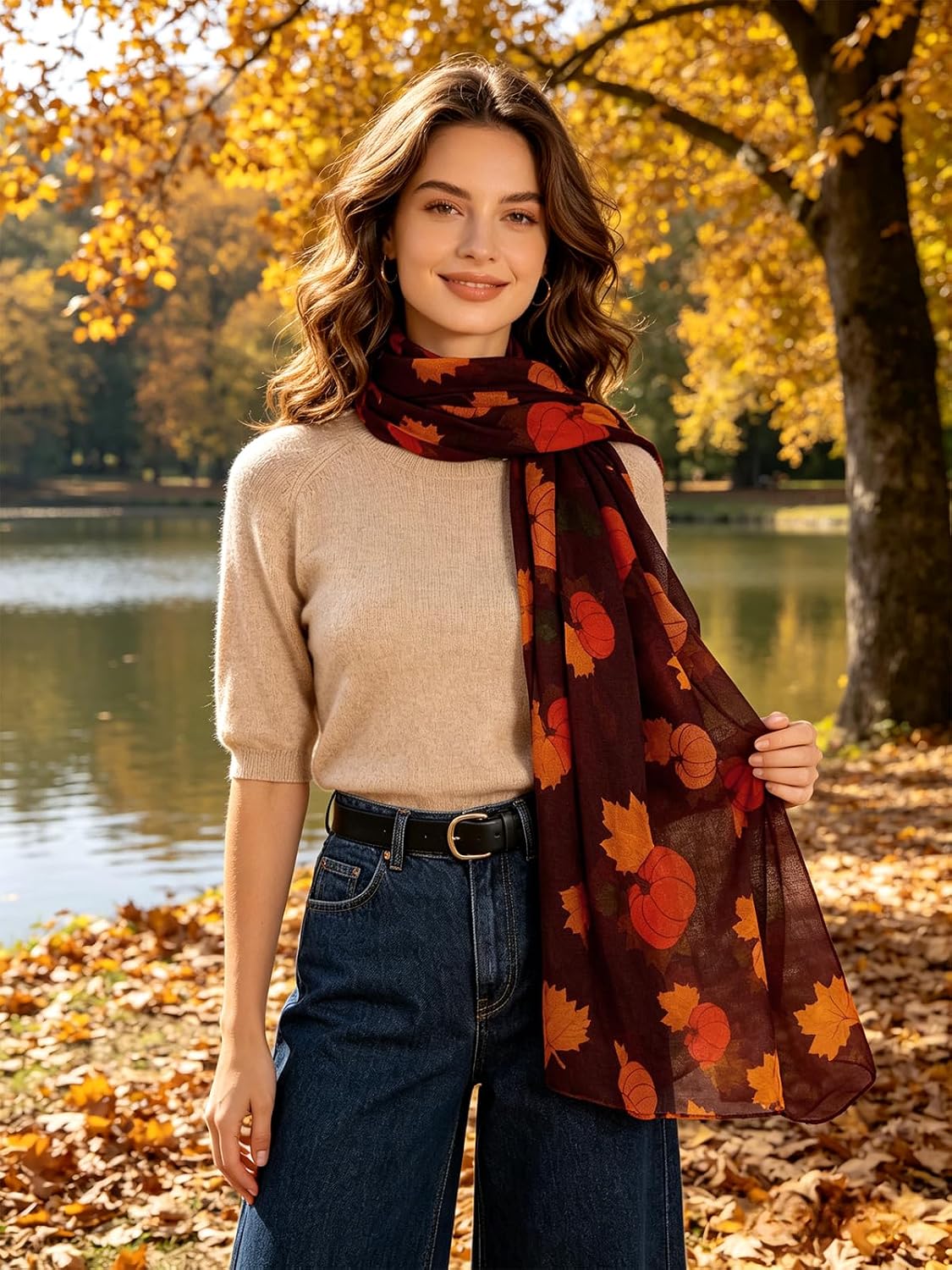 Women Yellow Pumpkin Scarves Maple Leaf Shawl Autumn | Lightweight Cloth for Home Decorations Rustic Accessories