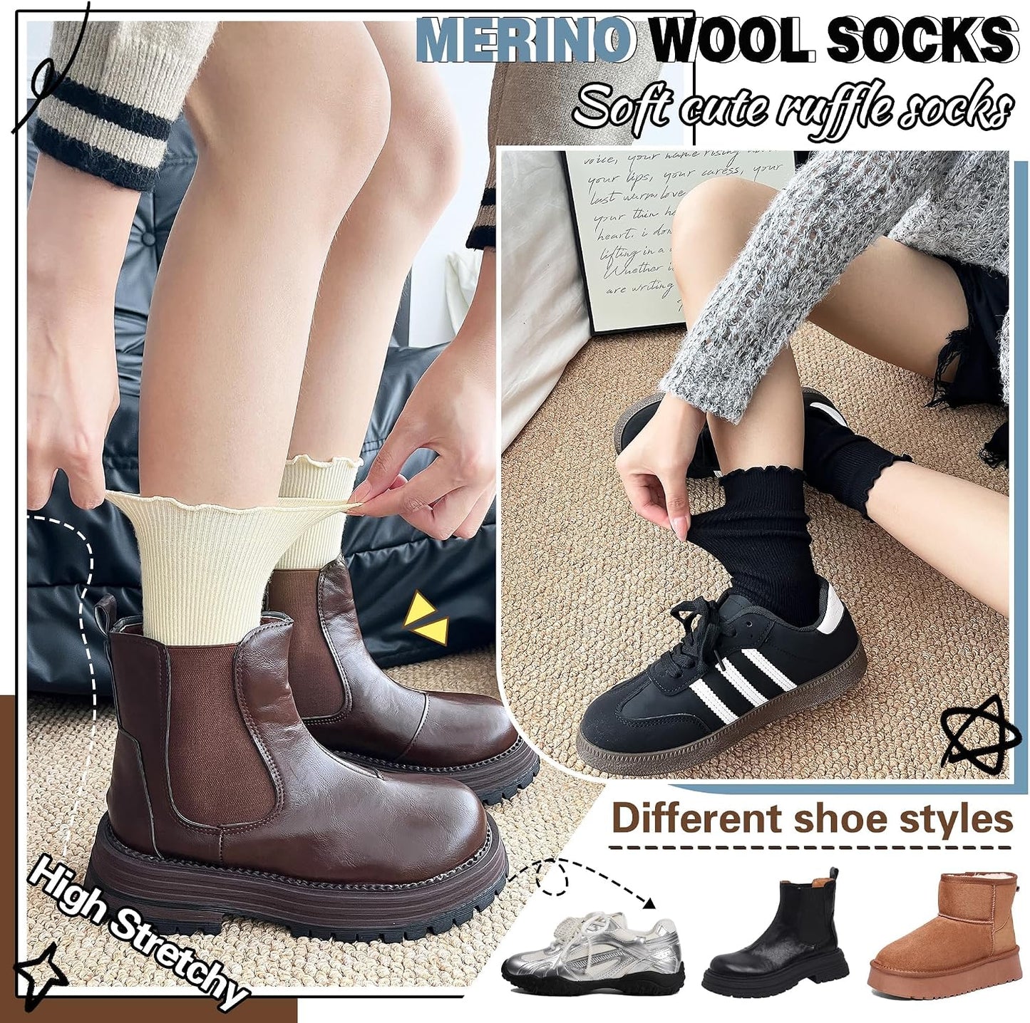 Thin Merino Wool Ruffle Boot Socks Warm Winter Cozy Frilly Soft Crew Work Gifts Socks for Womens 5 Pairs Stocking Stuffers